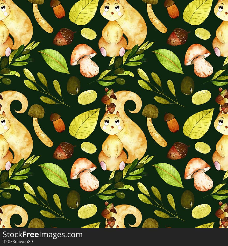 Pattern with cute squirrel, branches, mushrooms, leaves and olives. Perfect for you postcard design, invitations, projects, wedding card, poster, packaging. Pattern with cute squirrel, branches, mushrooms, leaves and olives. Perfect for you postcard design, invitations, projects, wedding card, poster, packaging.