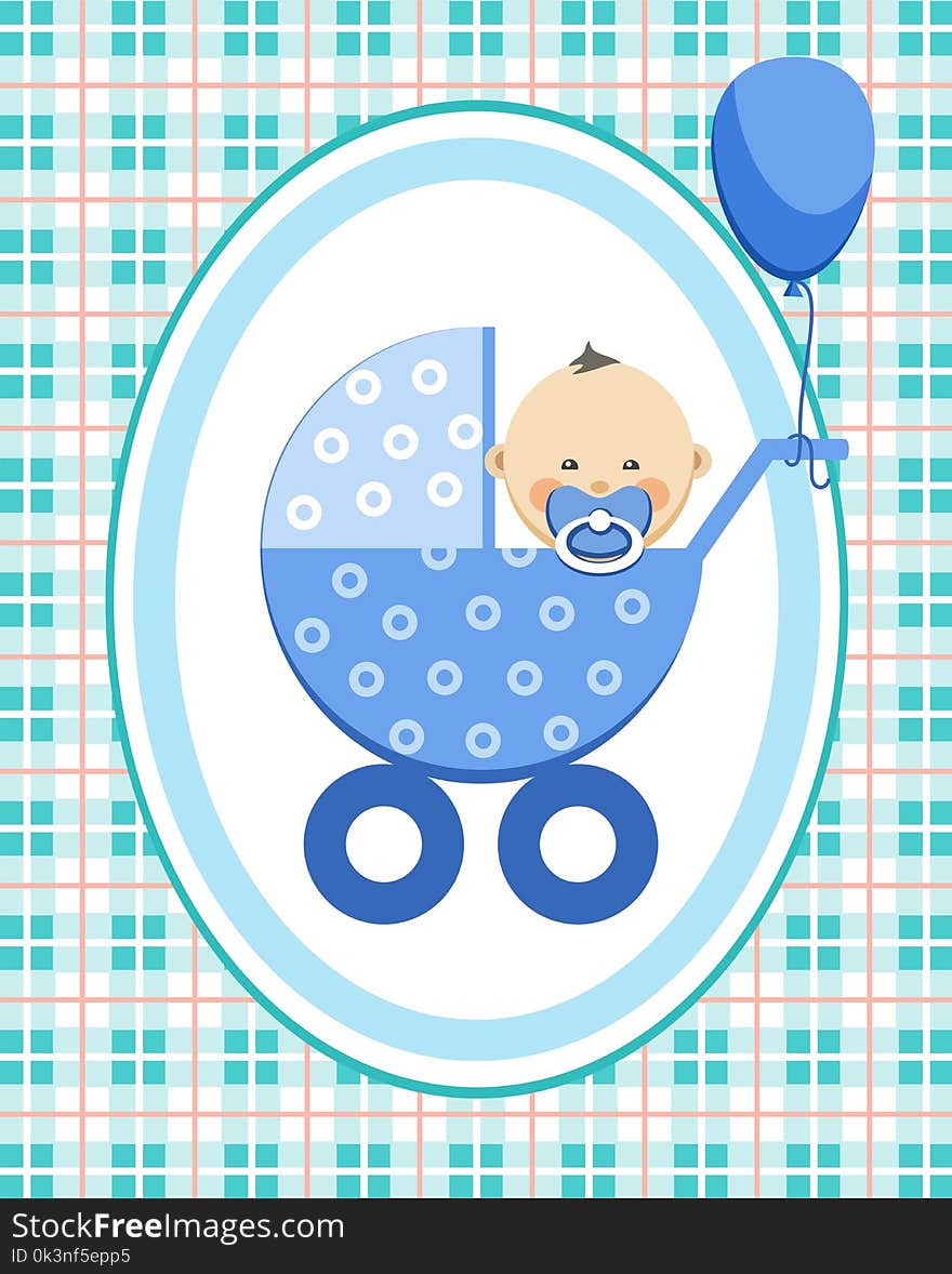 A little boy in a blue stroller. A blue ball is tied to the stroller. Color, flat card. Congratulation. Blue squares on the white field. Checkered pattern. A little boy in a blue stroller. A blue ball is tied to the stroller. Color, flat card. Congratulation. Blue squares on the white field. Checkered pattern.