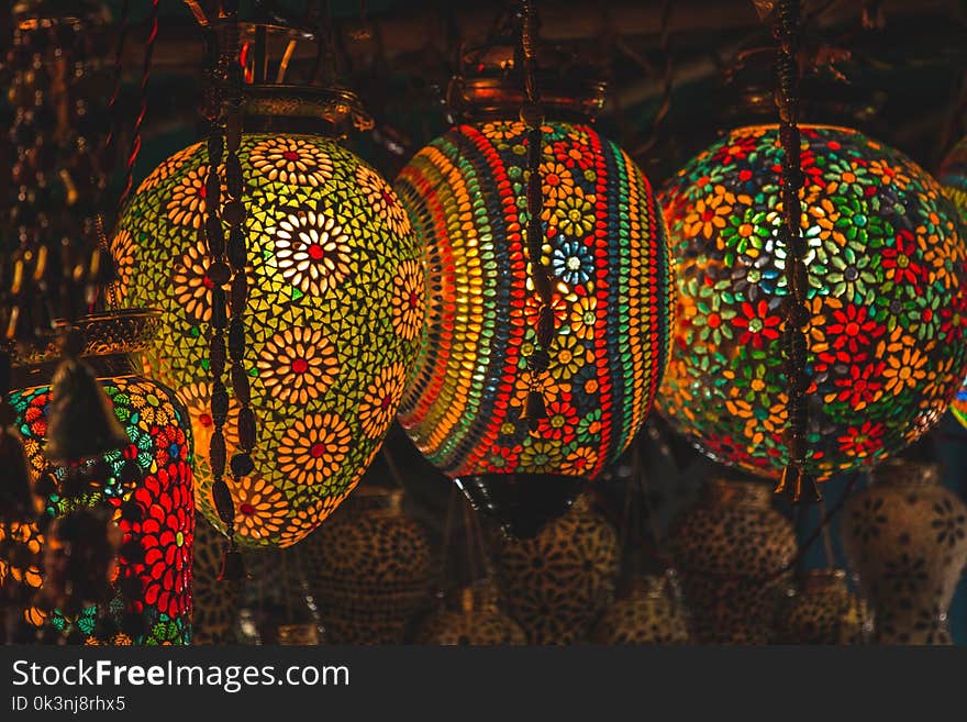 Three Multicolored Floral Pendant Lanterns