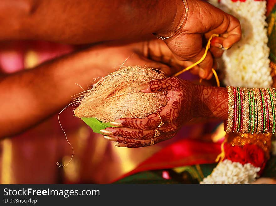 Closeup hand South Indian wedding rituals, ceremony