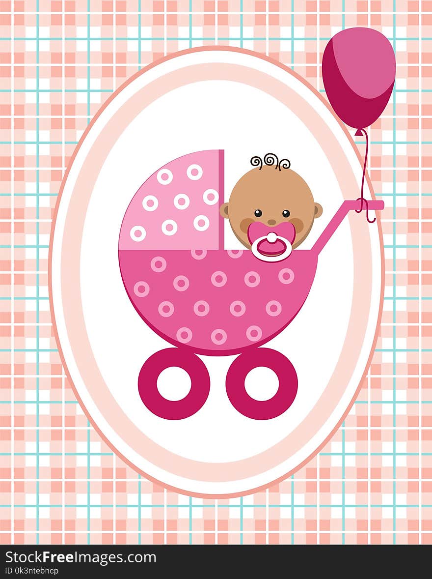 Baby, girl, Africa, greeting card, pink checkered background, vector.