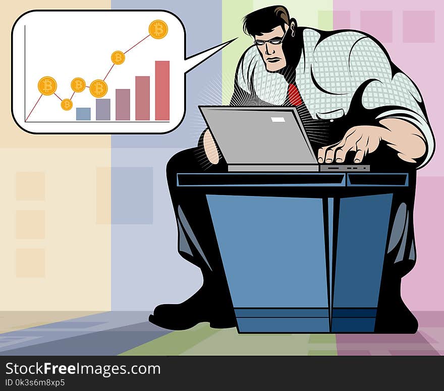 Vector illustration of a man working on a laptop