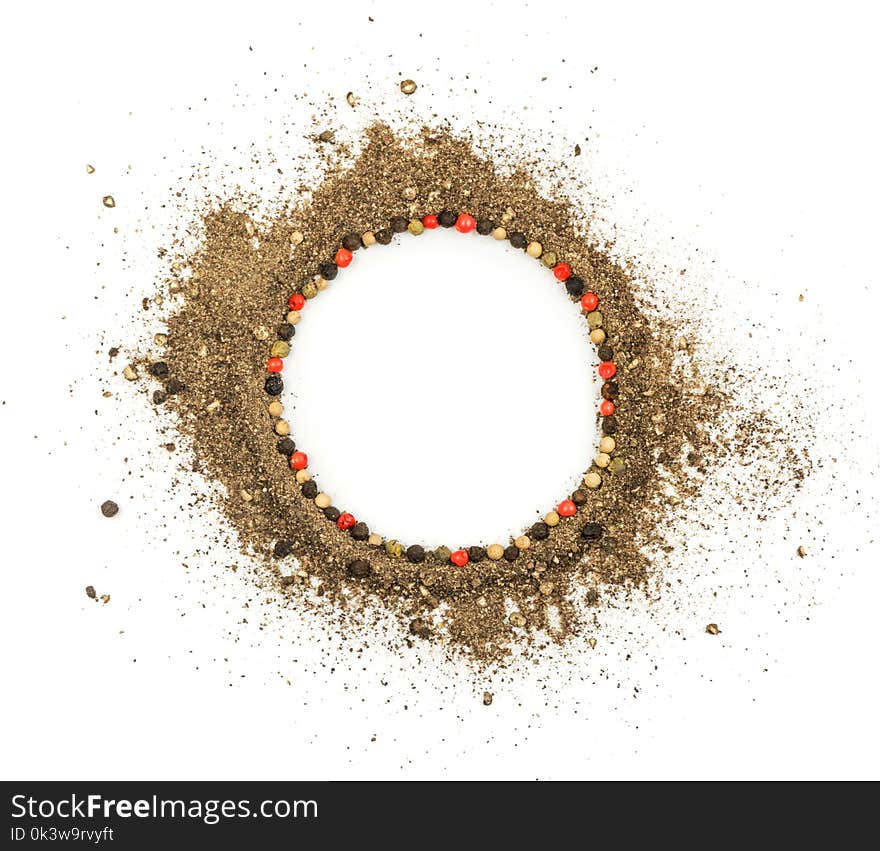 Heap of Ground Black Pepper Isolated on White Top View. Spice Looks like Scattered Sand Flat Lay and Top View