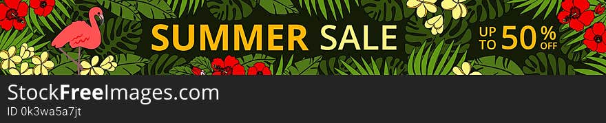 Summer sale horizontal web banner with pink flamingo, tropic palm leaves and flowers on black background