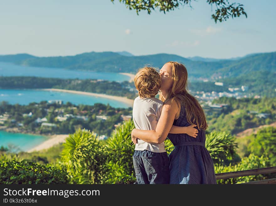 Mom and son on Karon View Point in sunny day. Phuket