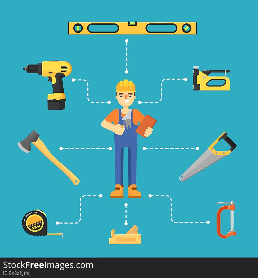 Building concept with hand tools icons and worker in uniform and helmet illustration. Building tools for carpentry and home renovation. DIY set. Hardware store banner. Construction equipment. Building concept with hand tools icons and worker in uniform and helmet illustration. Building tools for carpentry and home renovation. DIY set. Hardware store banner. Construction equipment.