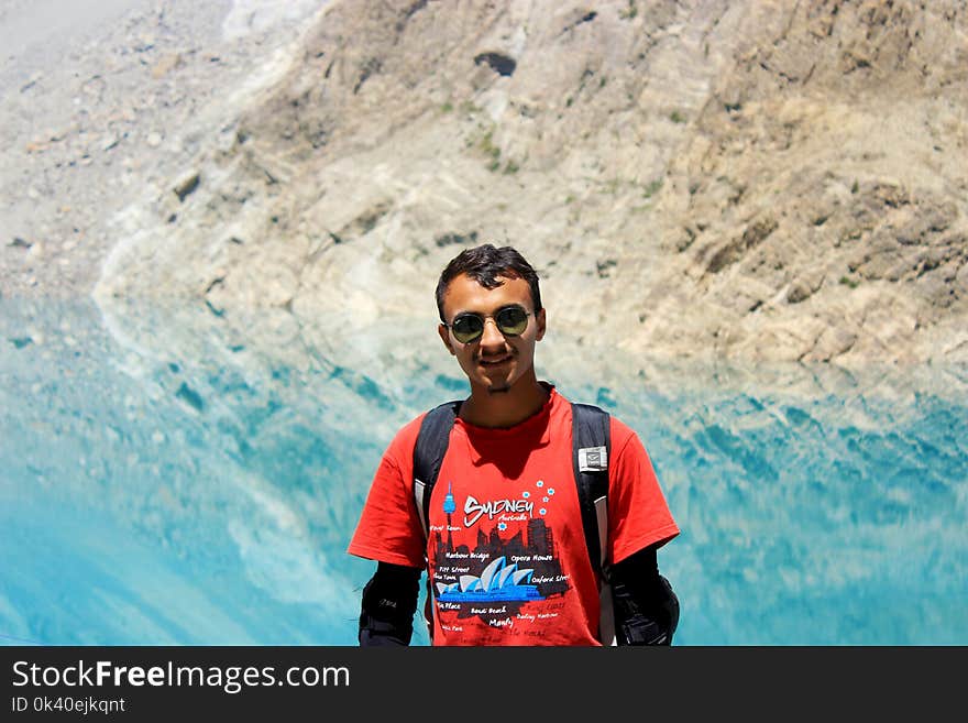 Man in Red Crew-neck Shirt