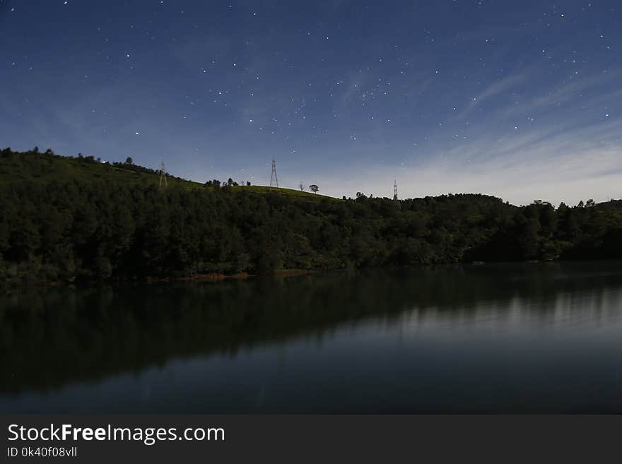 Clear Blue Sky Reflecting on Body of Water