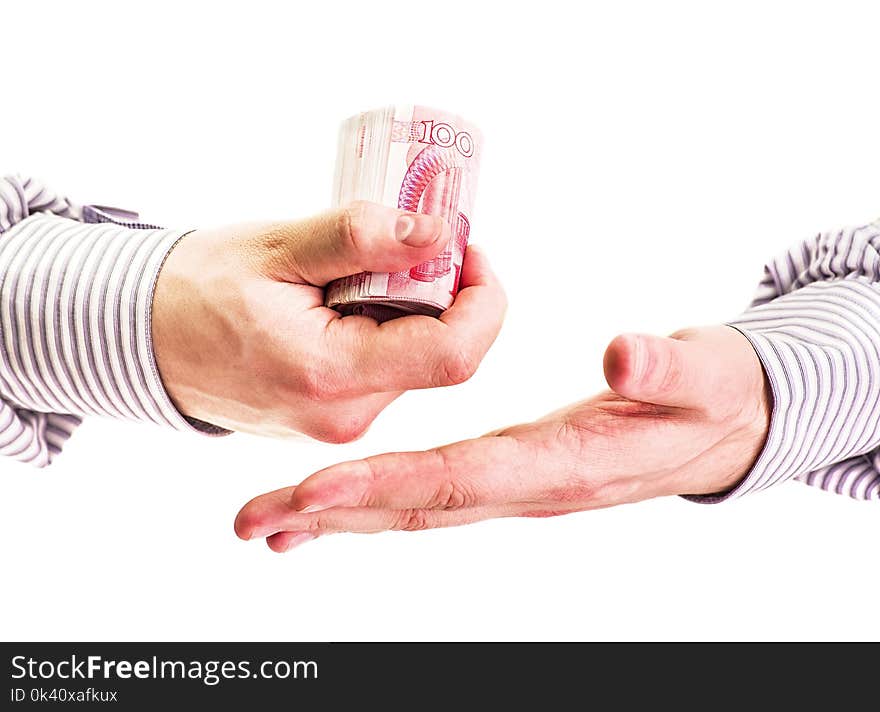 Closeup man hands with shirt counting chinese currency yuan money on white background