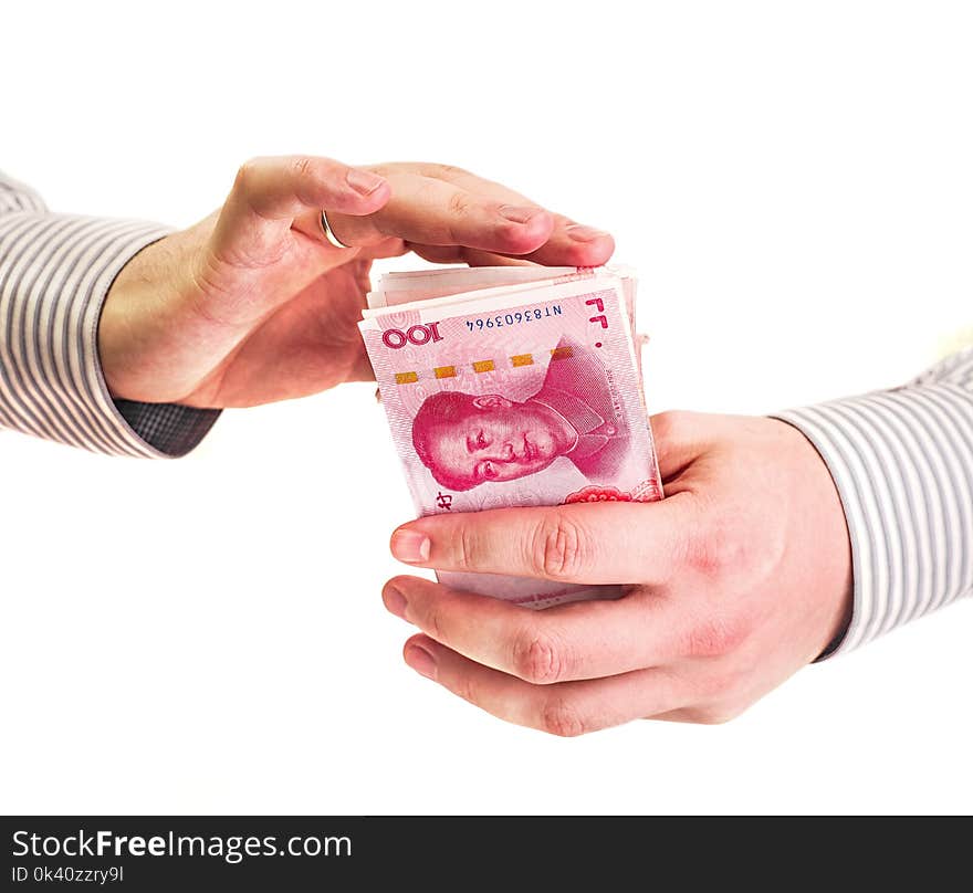 Closeup man hands with shirt counting chinese currency yuan money isolated on white background