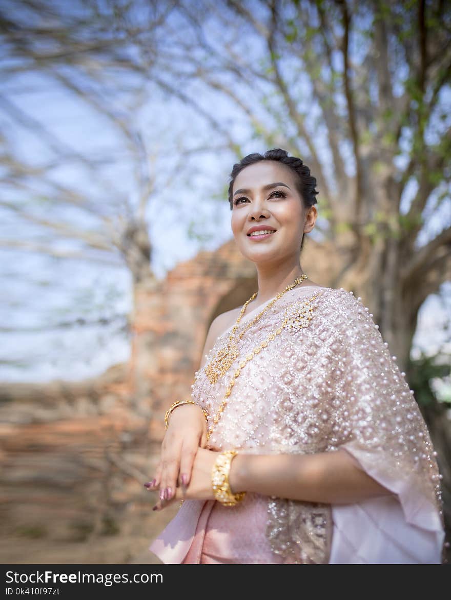 portrait beautiful thai woman wearing thai tradition clothes dress standing in old temple of ayutthaya world heritage site