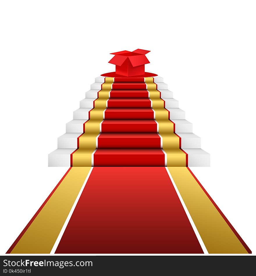 Stairs carpet. Prize, red gift box Realistic illustration. Stairs carpet. Prize, red gift box Realistic illustration