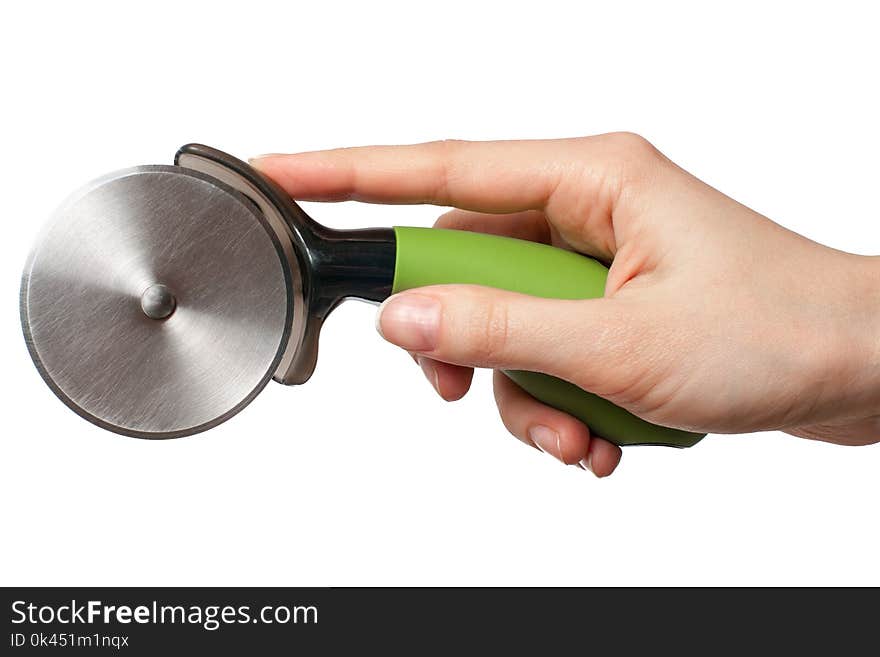 Hand With Green Pizza Cutter Isolated On White Background