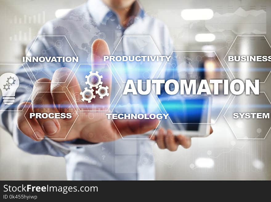 Automation concept as an innovation, improving productivity, reliability and repeatability in technology and business processes. Automation concept as an innovation, improving productivity, reliability and repeatability in technology and business processes.