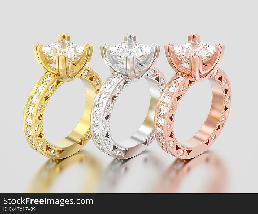 3D illustration three different gold channel princess cut diamond engagement decorative rings on a gray background