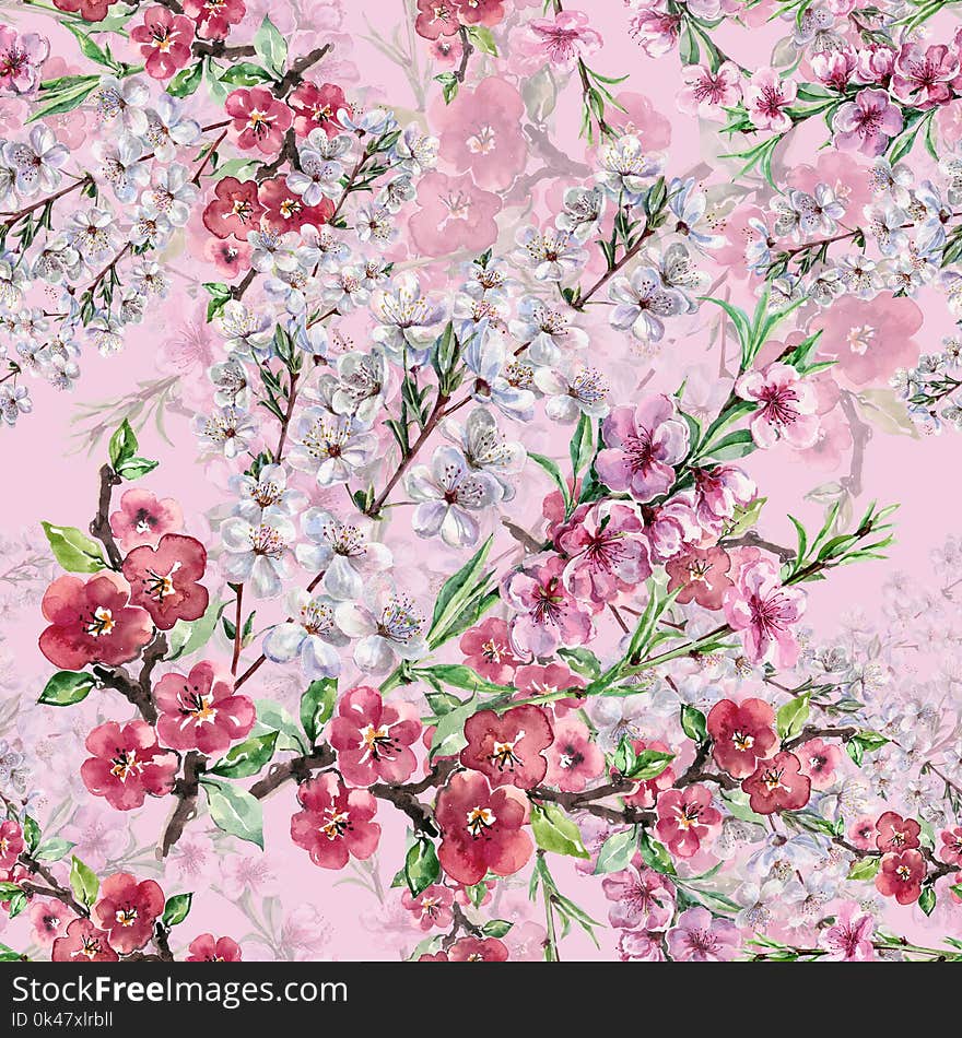 Watercolor Flowers Apple Cherry And Peach. Handiwork Seamless Pattern On A Pink Background.