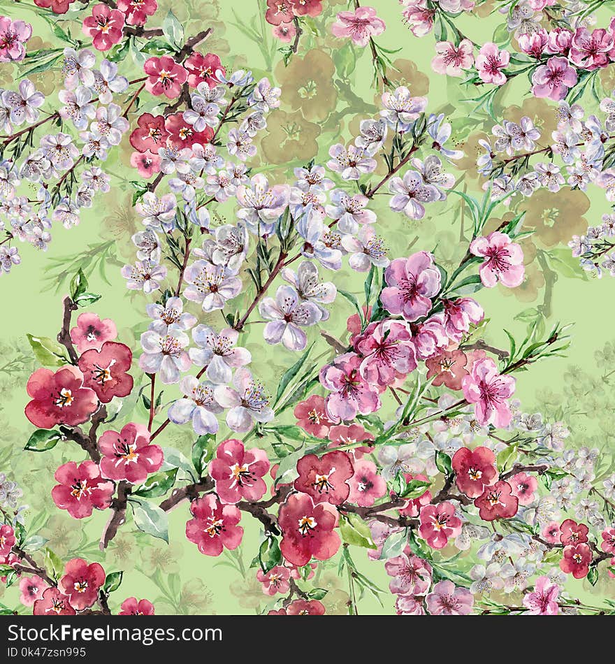 Watercolor Flowers Apple Cherry And Peach. Handiwork Seamless Pattern On A Green Background.