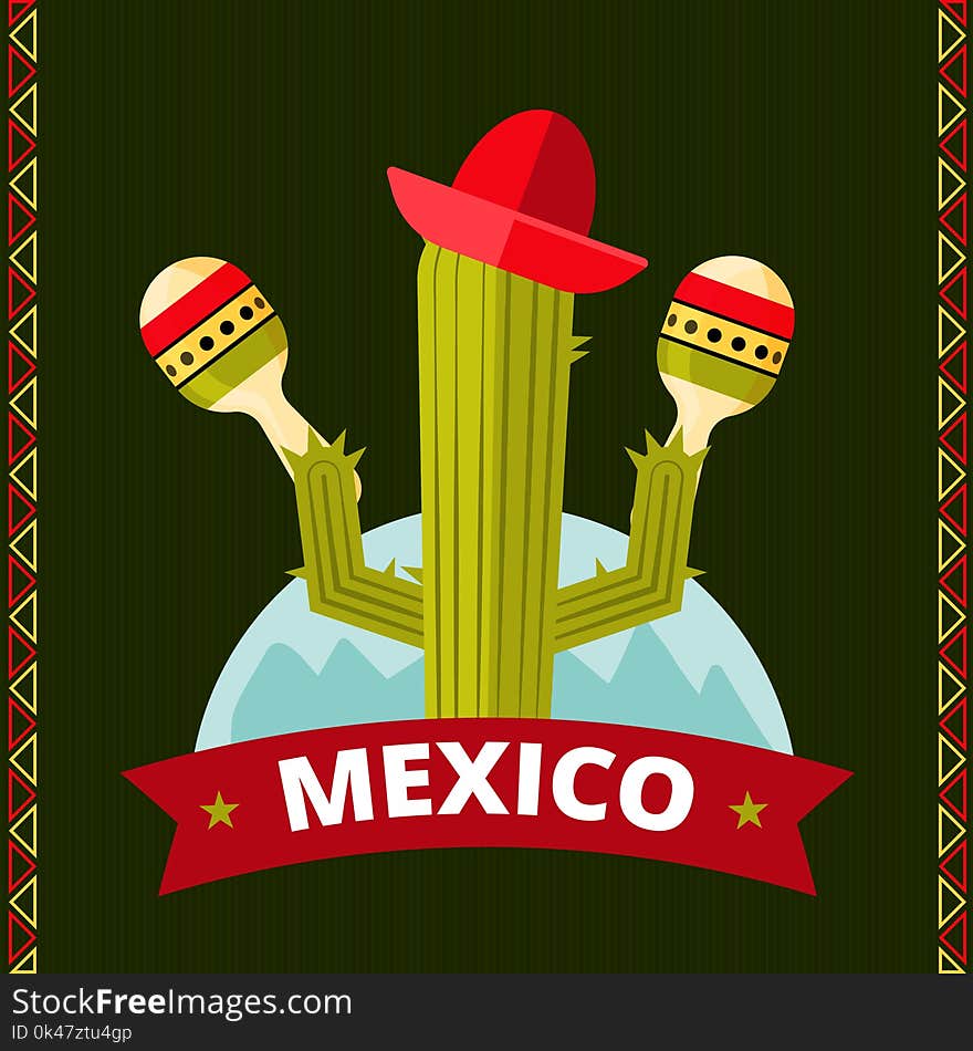 Funny mexican cactus poster design. Sombrero and green plant. Vector illustration