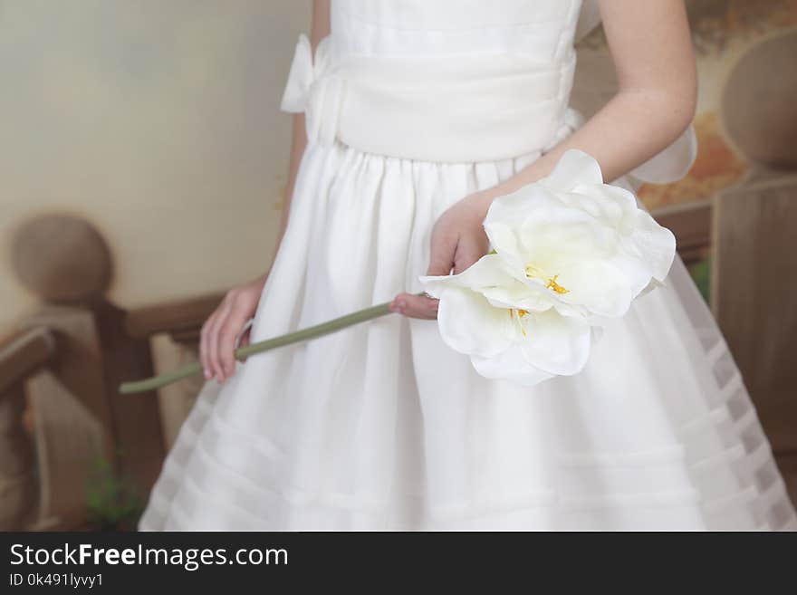 Detail of the hands of a communion girl dressed in white with a flower in her hands