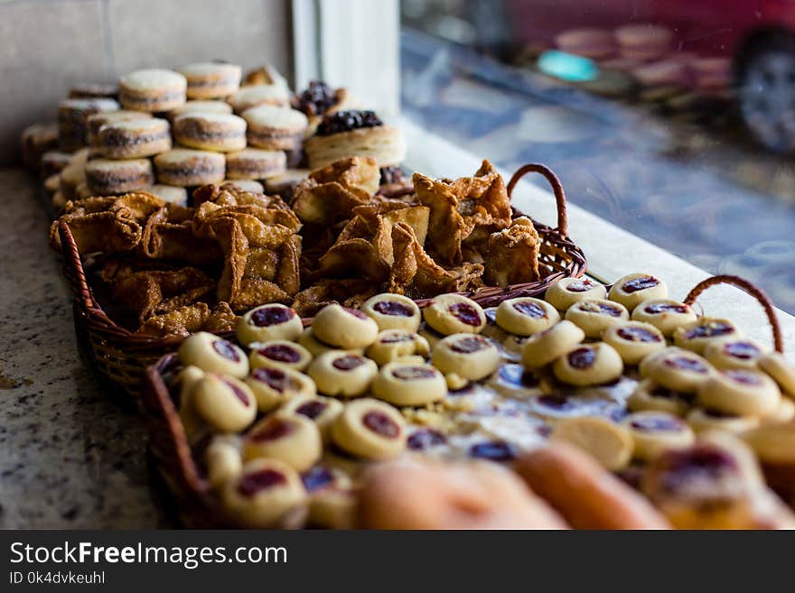 Typical argentinean snacks and treats on shop window in Ushuaia, blurred, shallow depth of field