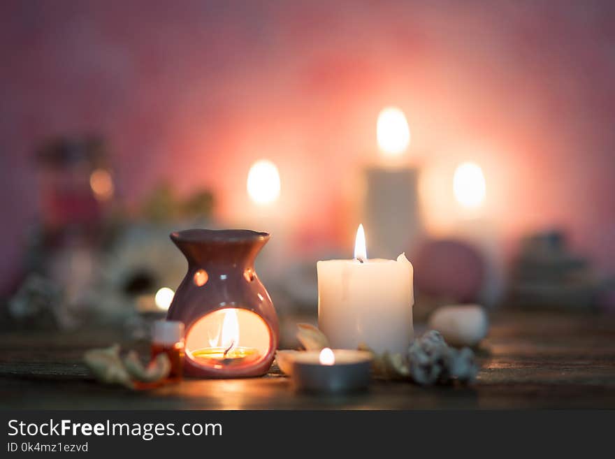 Beautiful composition of spa treatment on white wooden table