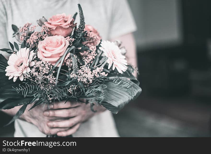 Beautiful festive pink bouquet in male hands on the background of the living room