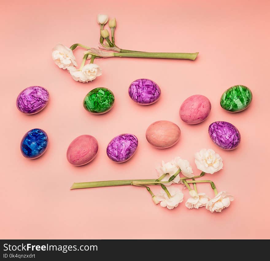 Festive composition, colorful Easter eggs and daffodils on a pink background