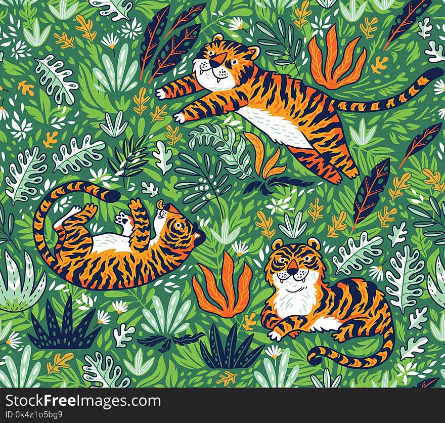 Tropical seamless pattern with funny tigers in cartoon style. Vector illustration