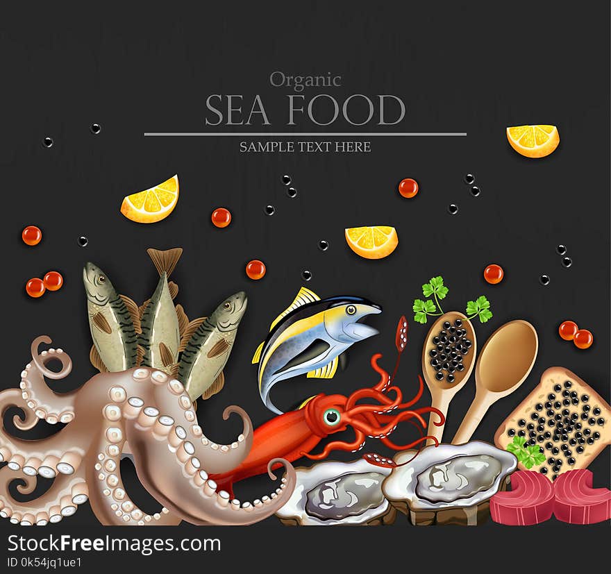 Tuna Fish, Caviar, Squid, Oysters And Octopus Seafood Banner. Template, Layout, Flyer Vector Realistic Detailed