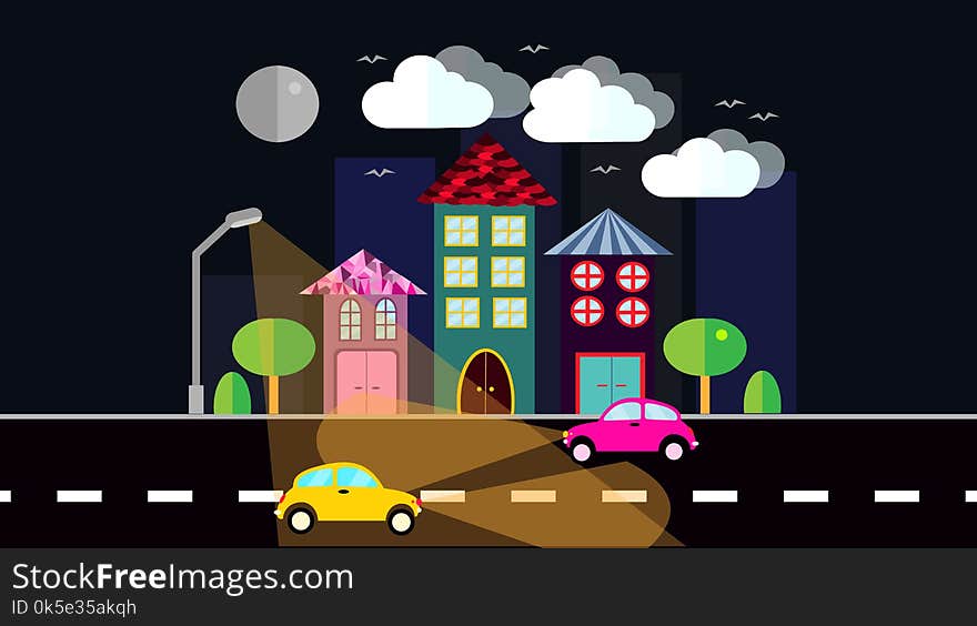 A night city, a small town in flat style with houses with a sloping tile roof, cars with lights, trees, birds, clouds, moon, road