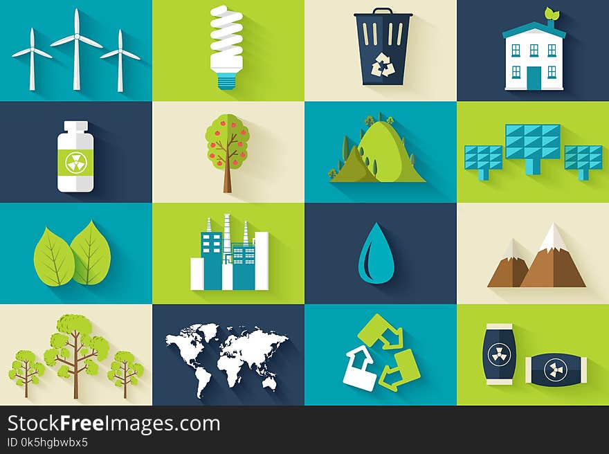 Set of ecology flat icons illustration concept. Vector eco template of element for your product or infographics design