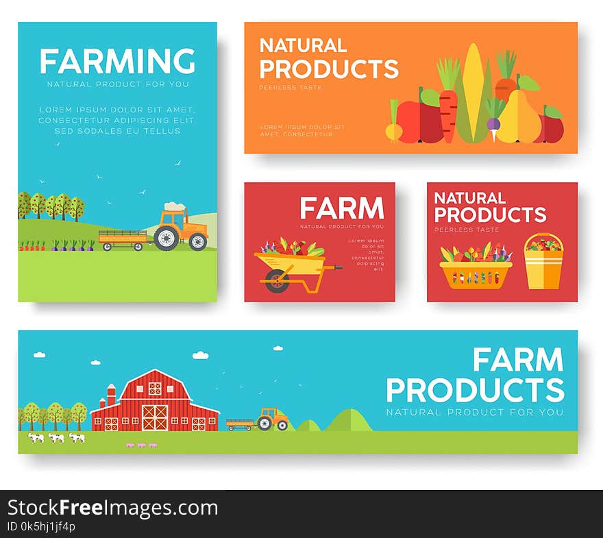 Farm information cards set. Nature template of flyear, magazines, posters, book cover, banners. Eco infographic concept background. Layout illustrations modern pages with typography