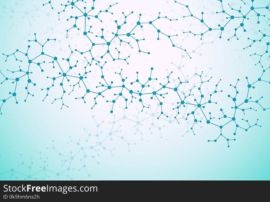 Molecular concept of neurons and nervous system. Scientific medical research. Molecule structure with particles. Science and technology background molecule for banner or flyer. Vector illustration