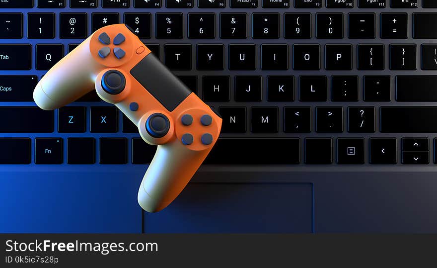 3D Rendering Of Realistic Looking Computer Keyboard Closeup With Gaming Joystick On It