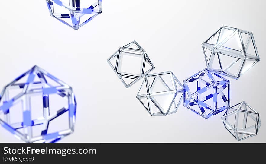 3D Rendering Of Abstract Prisms With Lights On It With Connection Net Mesh. Blockchain Technology Concept.