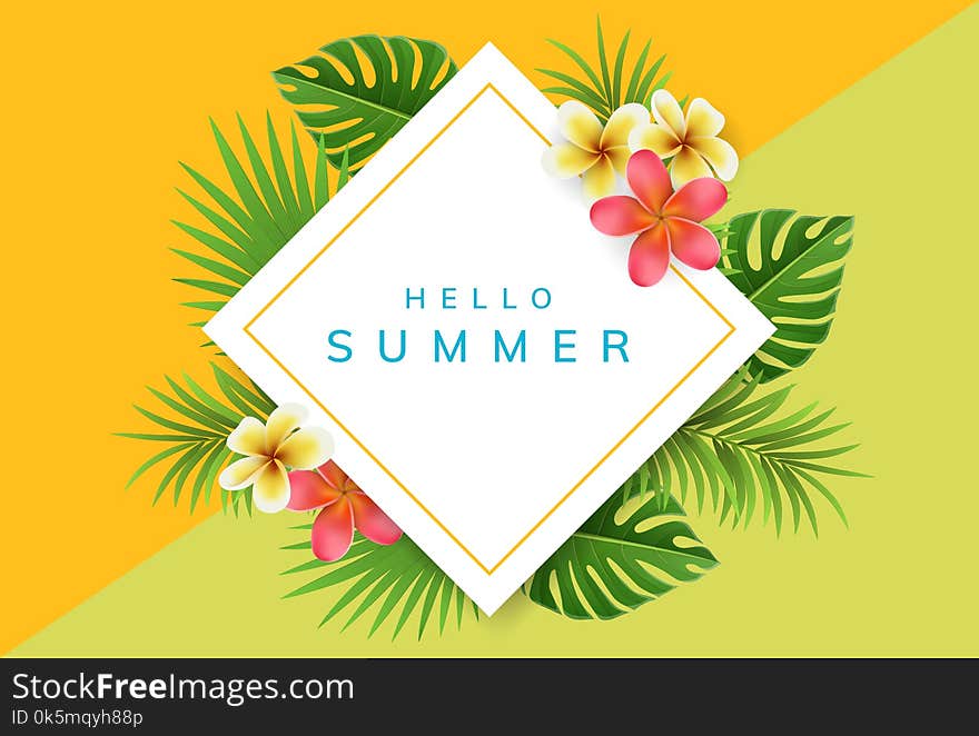 Geometric summer frame with palm leaf and flower