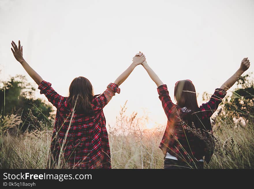 Two friends enjoying the summer sunset. Vintage filter style background. Two friends enjoying the summer sunset. Vintage filter style background