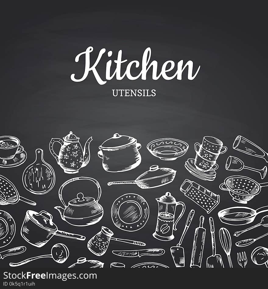 Vector background on black chalkboard illustration with kitchen utensils and place for text. Banner or vintage poster for restaurant