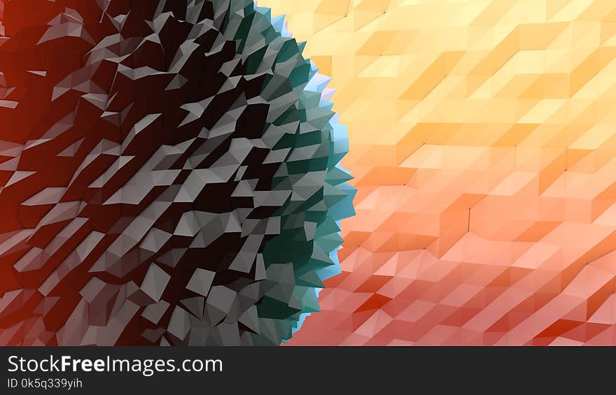 An amazing 3d illustration of a peach, pink, yellow and black lowpoly backdrop with a triangular and rhombus forms. One big object looks like a big hedgehog. An amazing 3d illustration of a peach, pink, yellow and black lowpoly backdrop with a triangular and rhombus forms. One big object looks like a big hedgehog.