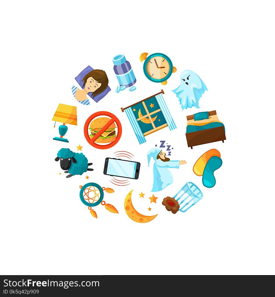 Vector cartoon sleep elements gathered in circle illustration