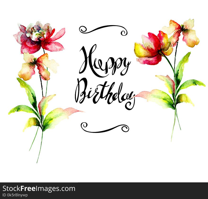 Tulips and Peony flowers with title Happy Birthday