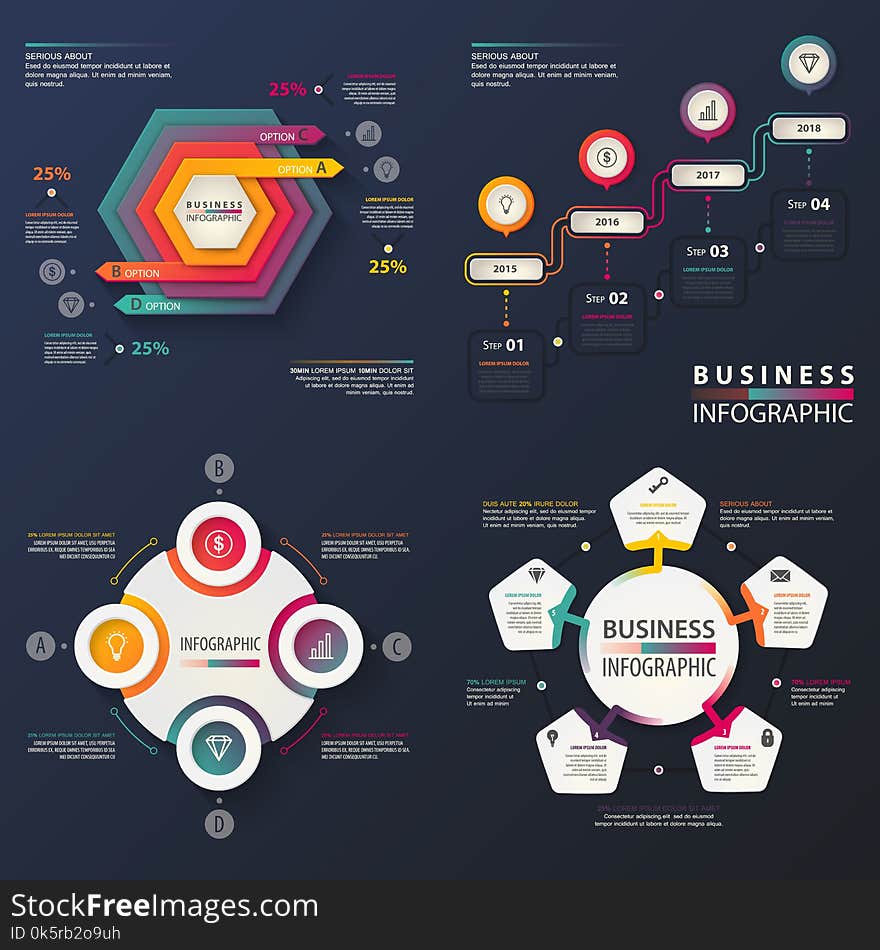 Business infographic with hexadecimal chart and round connected pieces, steps over years. Infochart with lamp and lock, envelope and diamond. Work and developing, information and marketing theme. Business infographic with hexadecimal chart and round connected pieces, steps over years. Infochart with lamp and lock, envelope and diamond. Work and developing, information and marketing theme