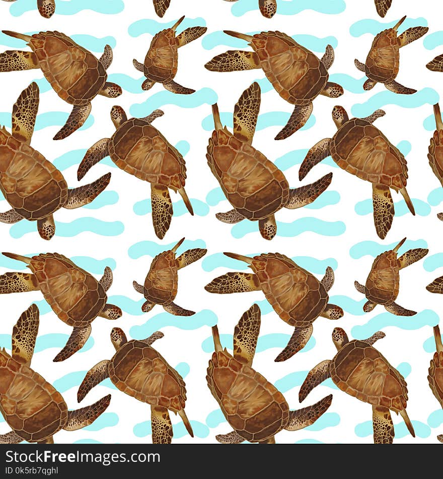 Pattern with turtles on a white-blue background.