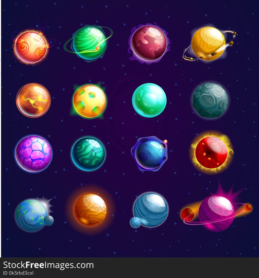 Set of isolated planets with orbits or cosmos stars, satellites as globe or sphere. Celestial cartoon orbs with craters and holes on surface. Galaxy and science, cosmos exploration and astronomy theme. Set of isolated planets with orbits or cosmos stars, satellites as globe or sphere. Celestial cartoon orbs with craters and holes on surface. Galaxy and science, cosmos exploration and astronomy theme