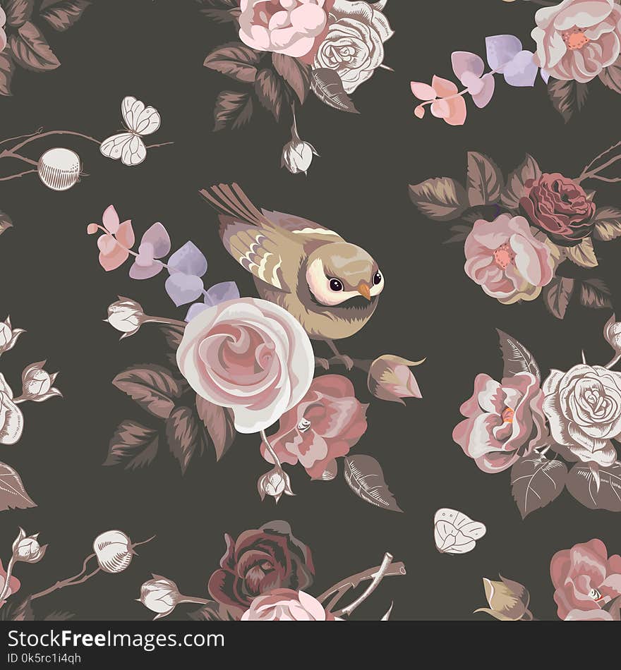 Floral Seamless Pattern With Colorfull Bunches Of Roses And Cute Little Bird On Background. Vector Illustration In Retro