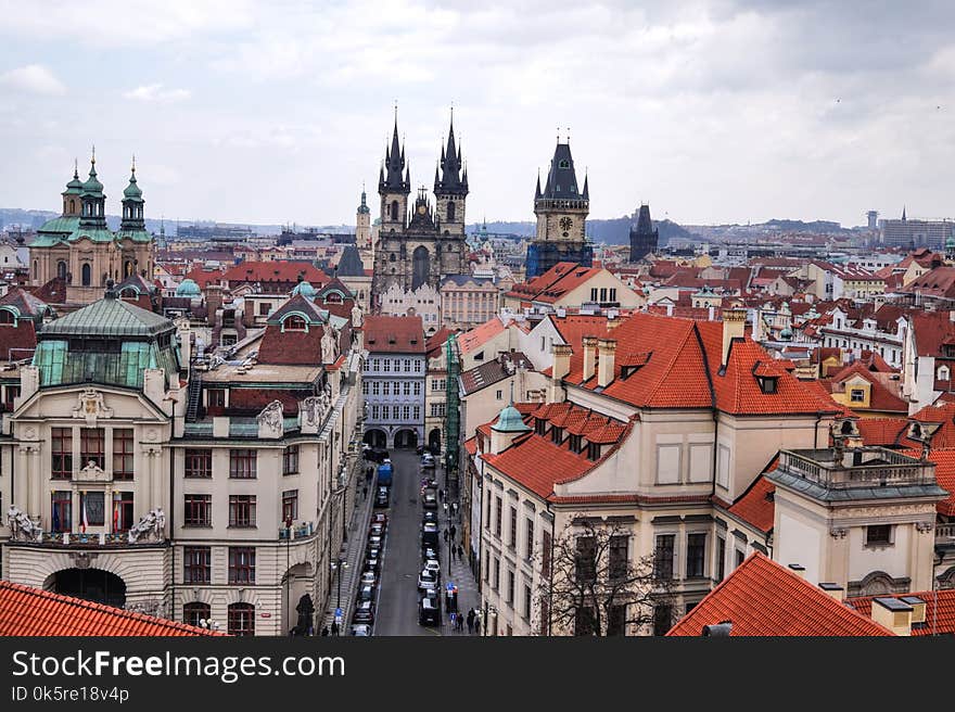 Panorama overlooking the historic center with buildings in Prague, the capital of the Czech Republic.