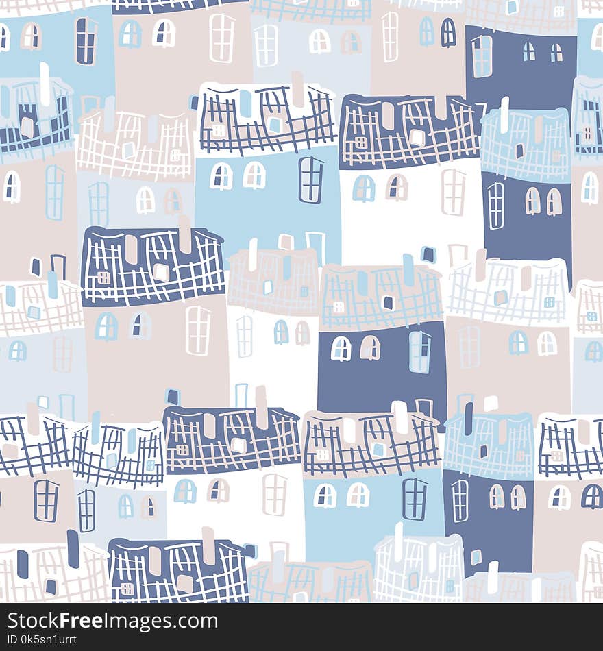 Vector seamless pattern with houses, cartoon hand drawn city background for funny design