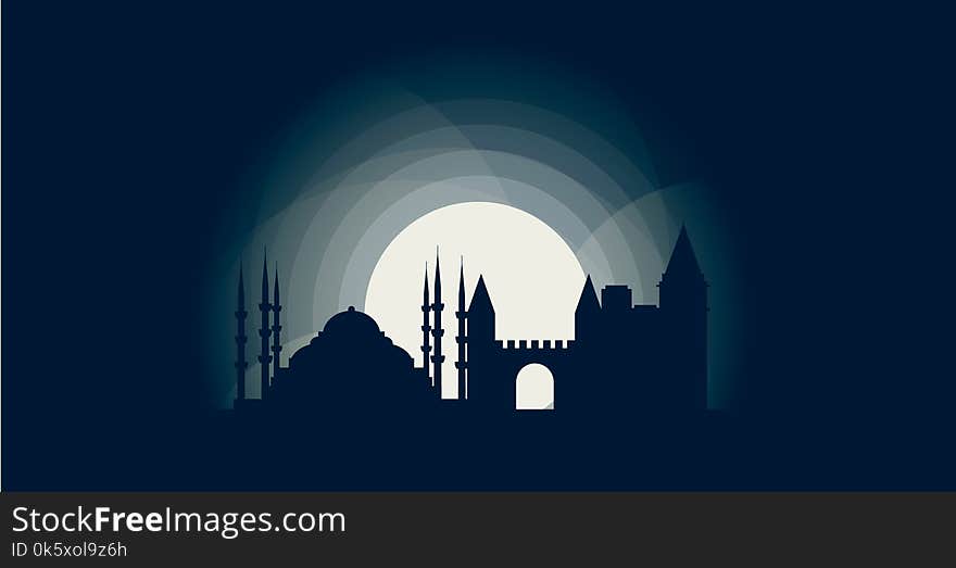 Turkey Istanbul blue night moon sunset city panorama landscape horizon buildings skyline flat icon logo. Turkey Istanbul blue night moon sunset city panorama landscape horizon buildings skyline flat icon logo