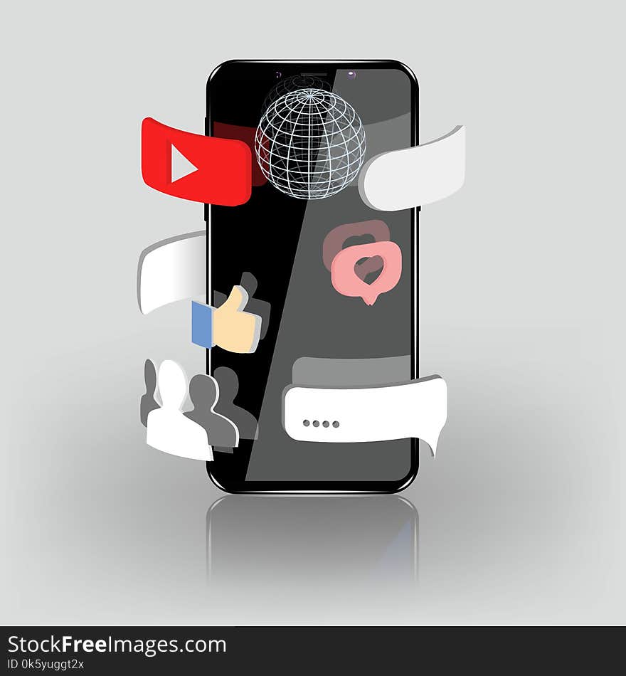 Icons fly out of the touch smartphone, and spinning around it. 3d vector