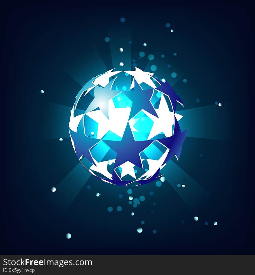 Soccer ball blue star, shining from within, with the glow on a dark blue background. Vector.